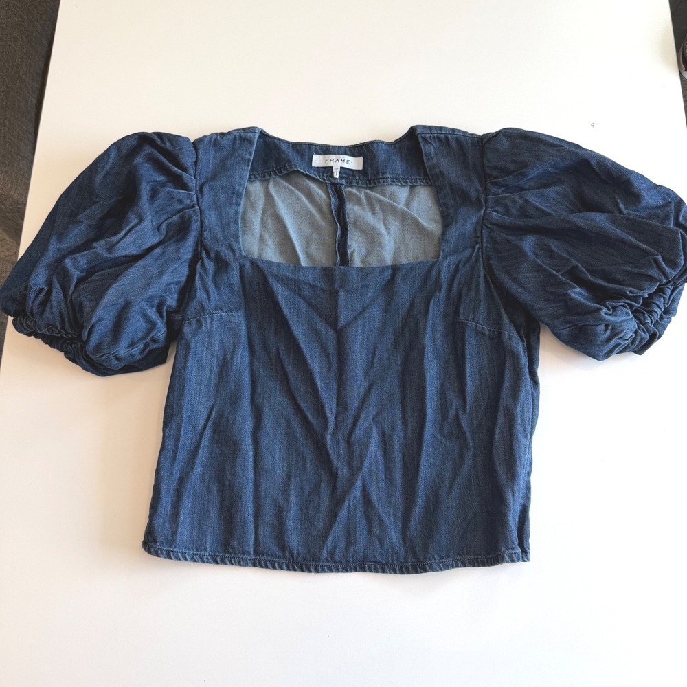 FRAME Denim Gorham Puff Sleeve Top Dark Wash Square Neck Blouse LWSH2374 S